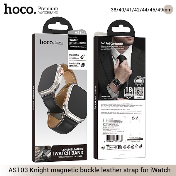 Hoco AS103 Knight magnetic buckle leather strap for iWatch(38/40/41mm) - Black